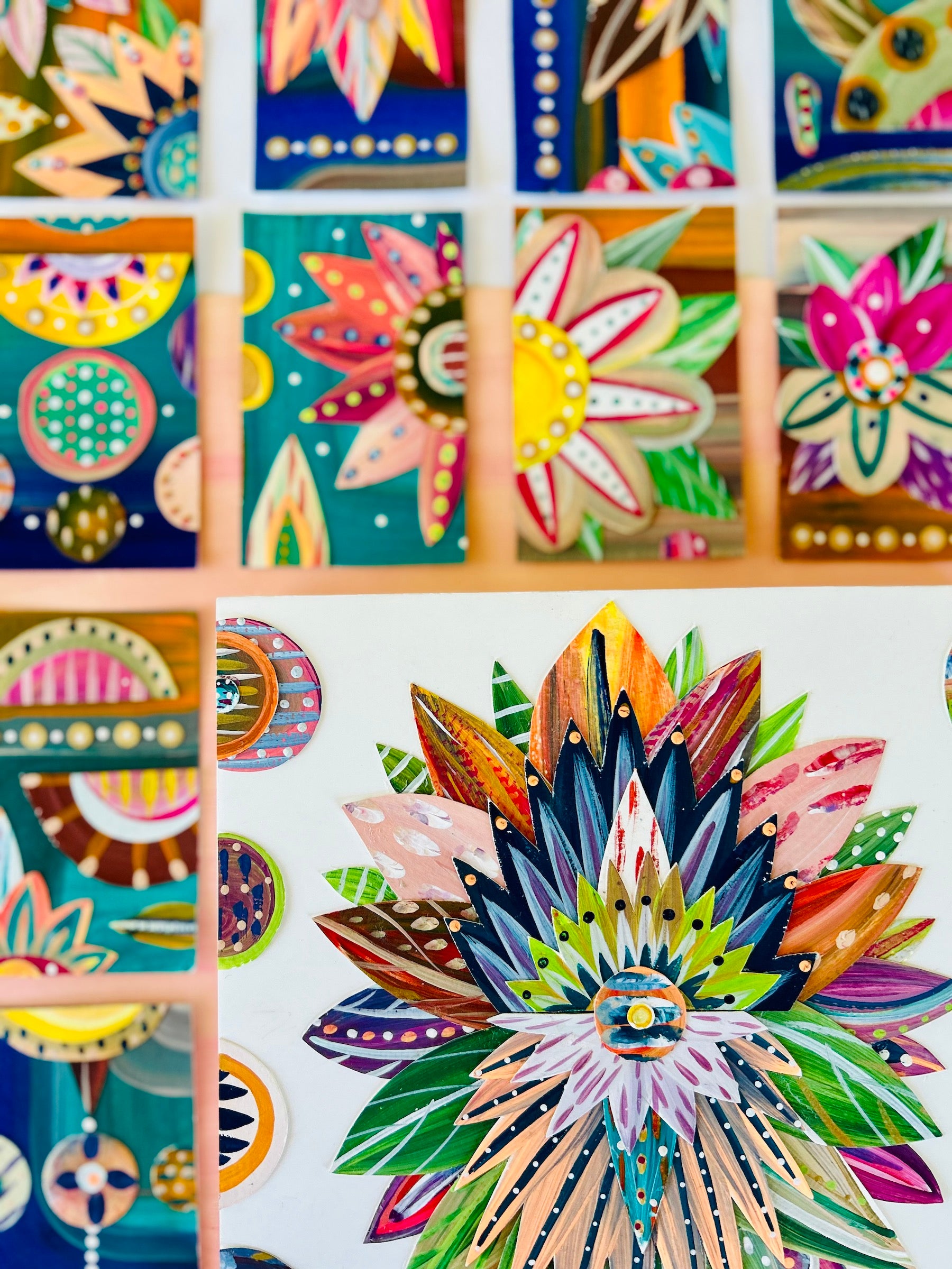 Funky floral collage, Colorful wall art, Joyful home decor, World culture inspired, Hand-painted collage, Vibrant flower art, Playful wall art, Global art prints