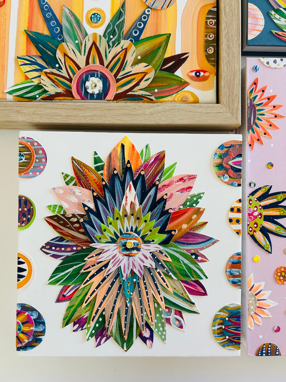 Funky floral collage, Colorful wall art, Joyful home decor, World culture inspired, Hand-painted collage, Vibrant flower art, Playful wall art, Global art prints