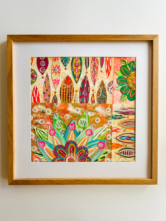 Funky floral collage, Colorful wall art, Joyful home decor, World culture inspired, Hand-painted collage, Vibrant flower art, Playful wall art, Global art prints