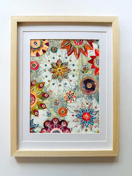 Funky floral collage, Colorful wall art, Joyful home decor, World culture inspired, Hand-painted collage, Vibrant flower art, Playful wall art, Global art prints