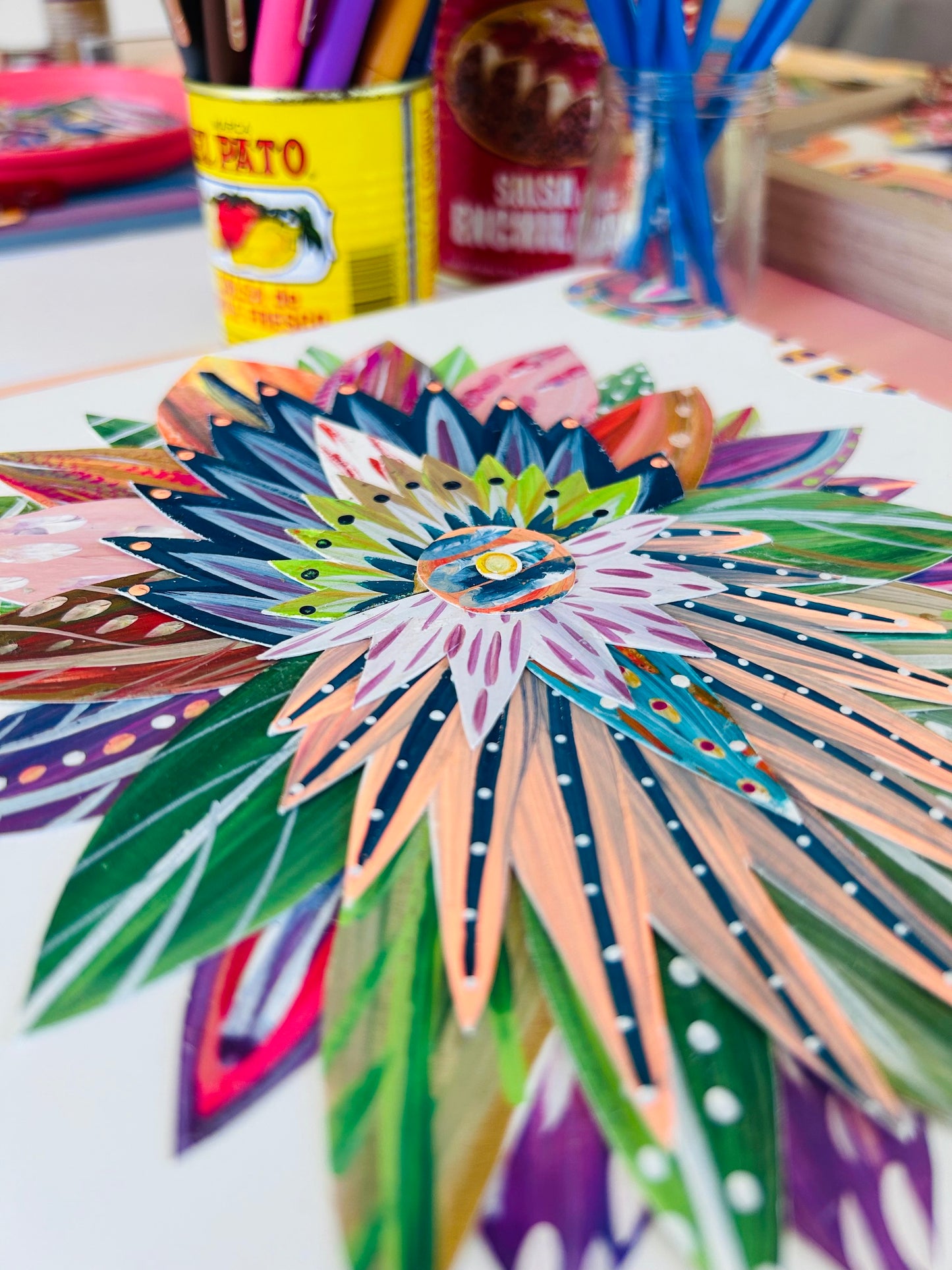 Funky floral collage, Colorful wall art, Joyful home decor, World culture inspired, Hand-painted collage, Vibrant flower art, Playful wall art, Global art prints