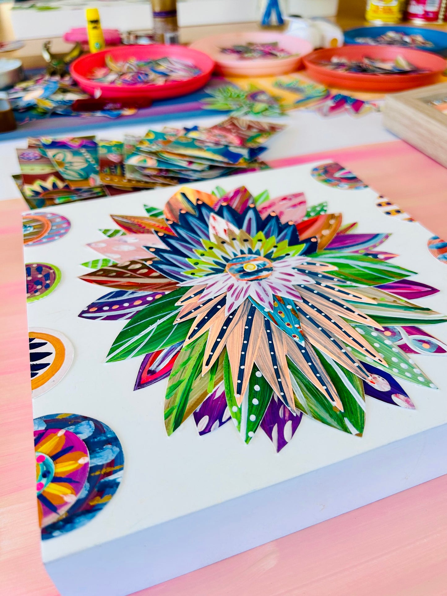 Funky floral collage, Colorful wall art, Joyful home decor, World culture inspired, Hand-painted collage, Vibrant flower art, Playful wall art, Global art prints