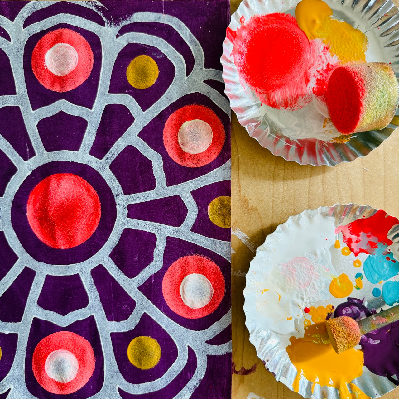 A vibrant collection of hand-painted Mexico-inspired patterned papers featuring bold floral motifs and layered geometric designs in rich pinks, purples, golds, and greens.