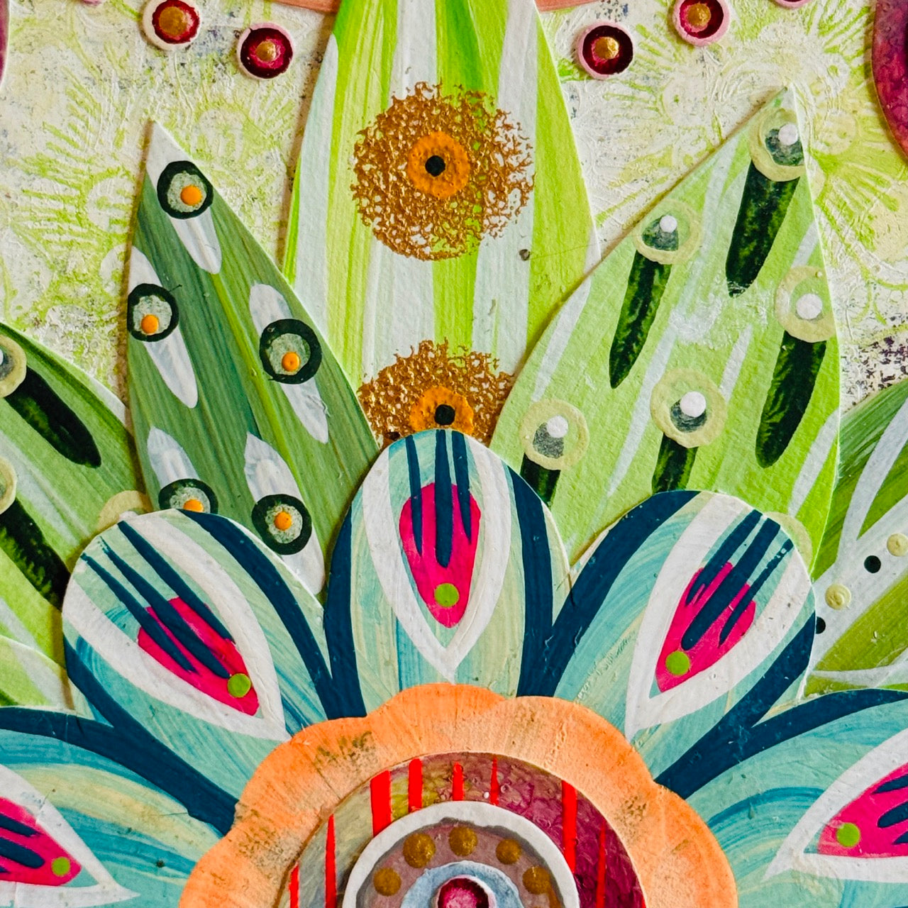 Small square wood panel art with a bold patterned floral design and hand-painted collage elements.