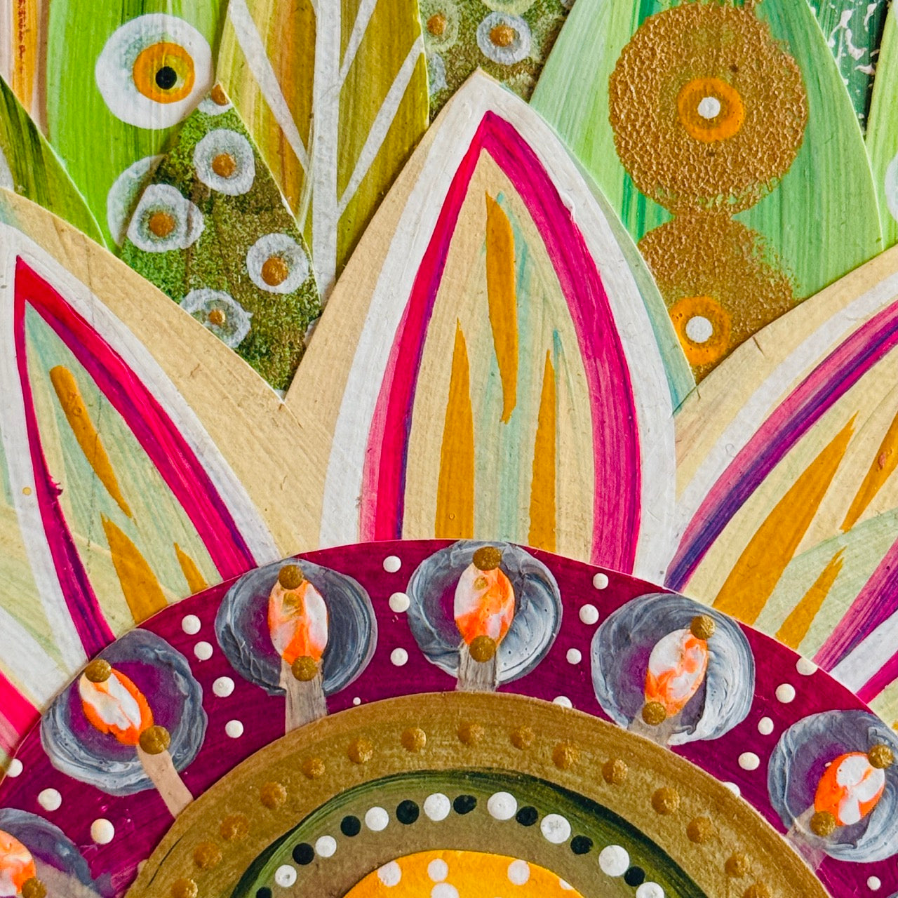 Small square wood panel art with a bold patterned floral design and hand-painted collage elements.