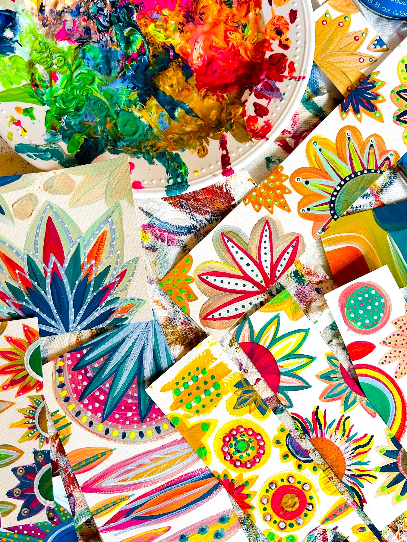 A yellow, floral 5 x 7-inch woodblock collage piece for wall art or desk art.