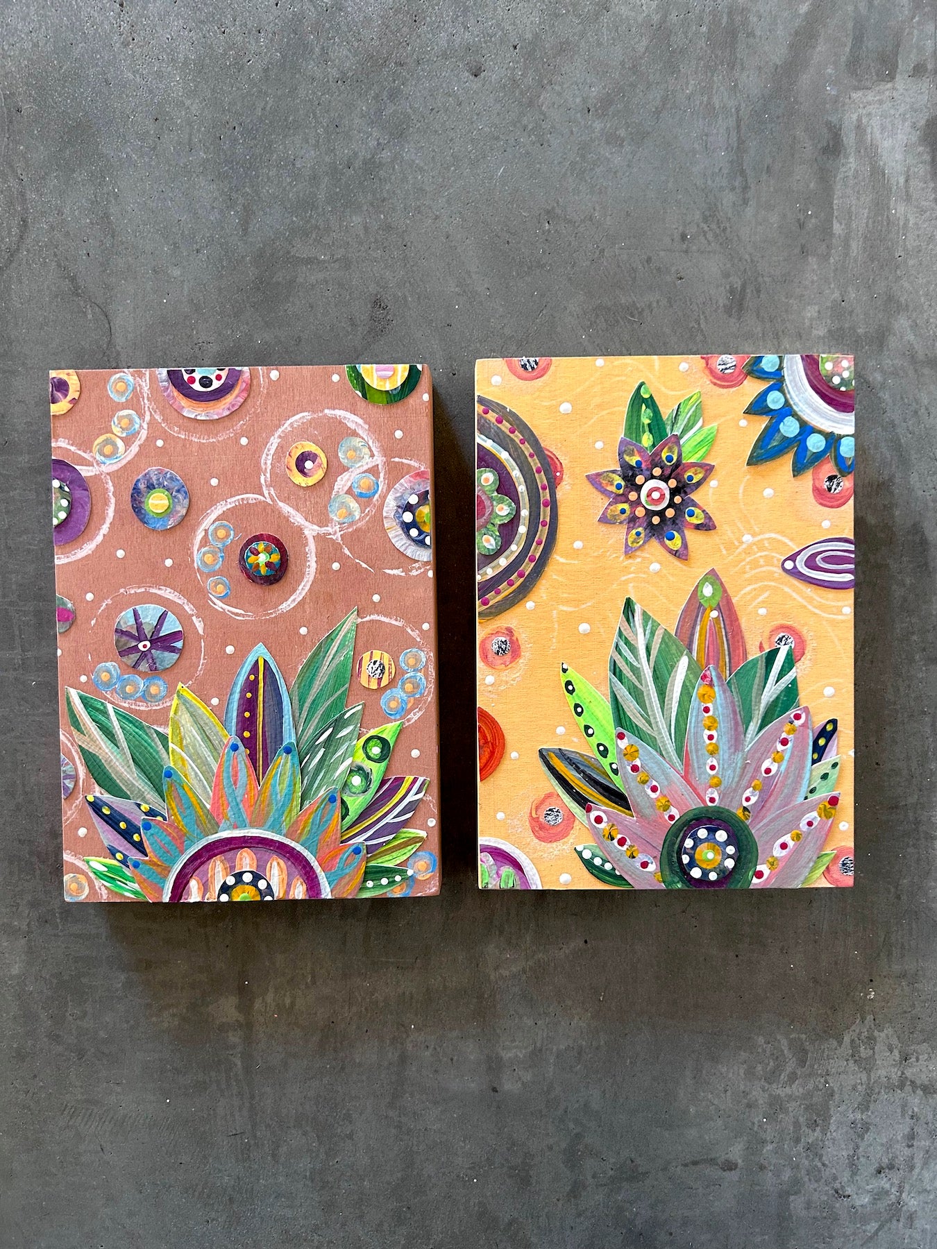 A yellow, floral 5 x 7-inch woodblock collage piece for wall art or desk art. shop9