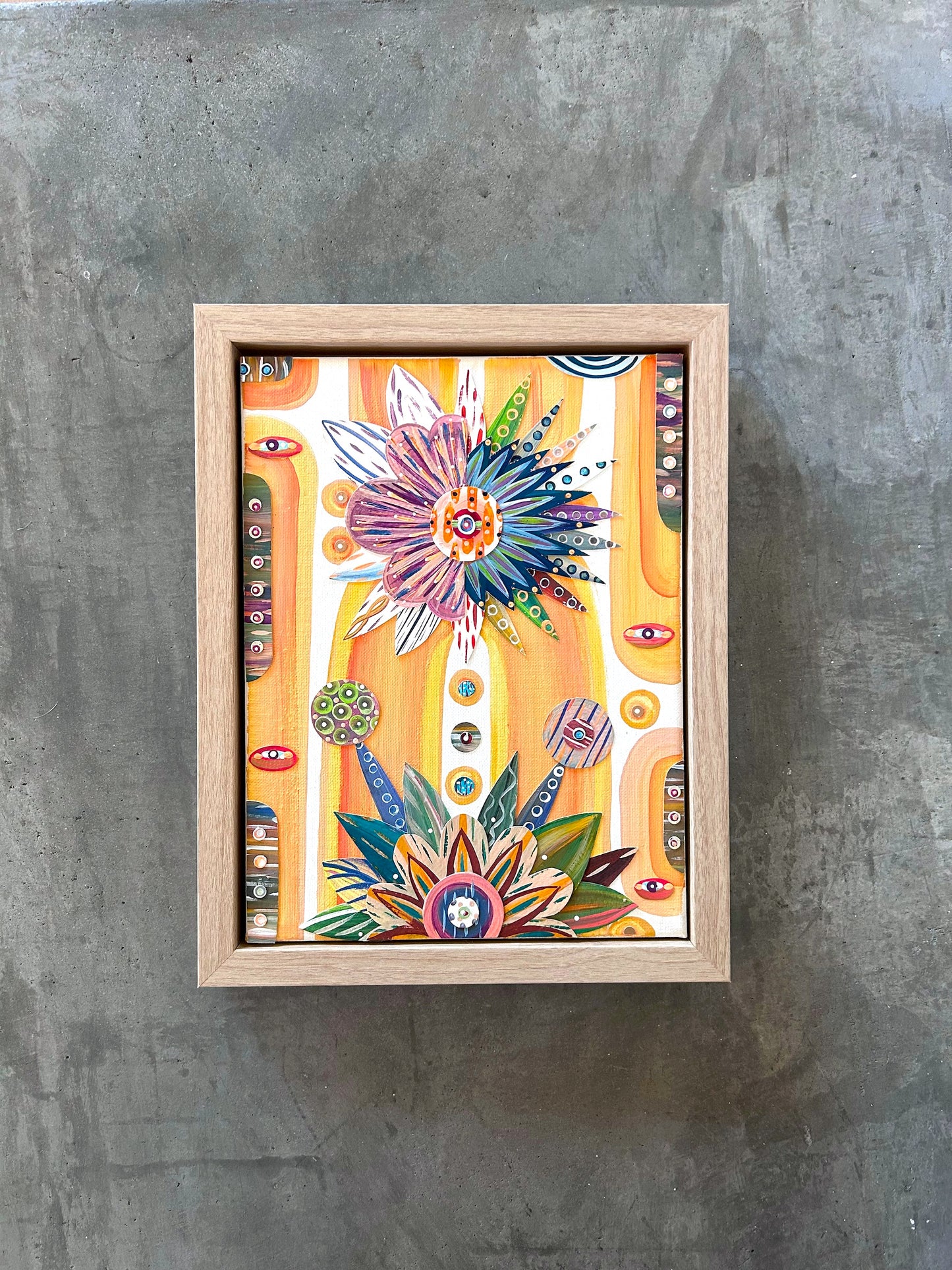 Brightly colored, hand-painted wall art or desk art. 9 X 12-in birch, floating frame. shopify_1