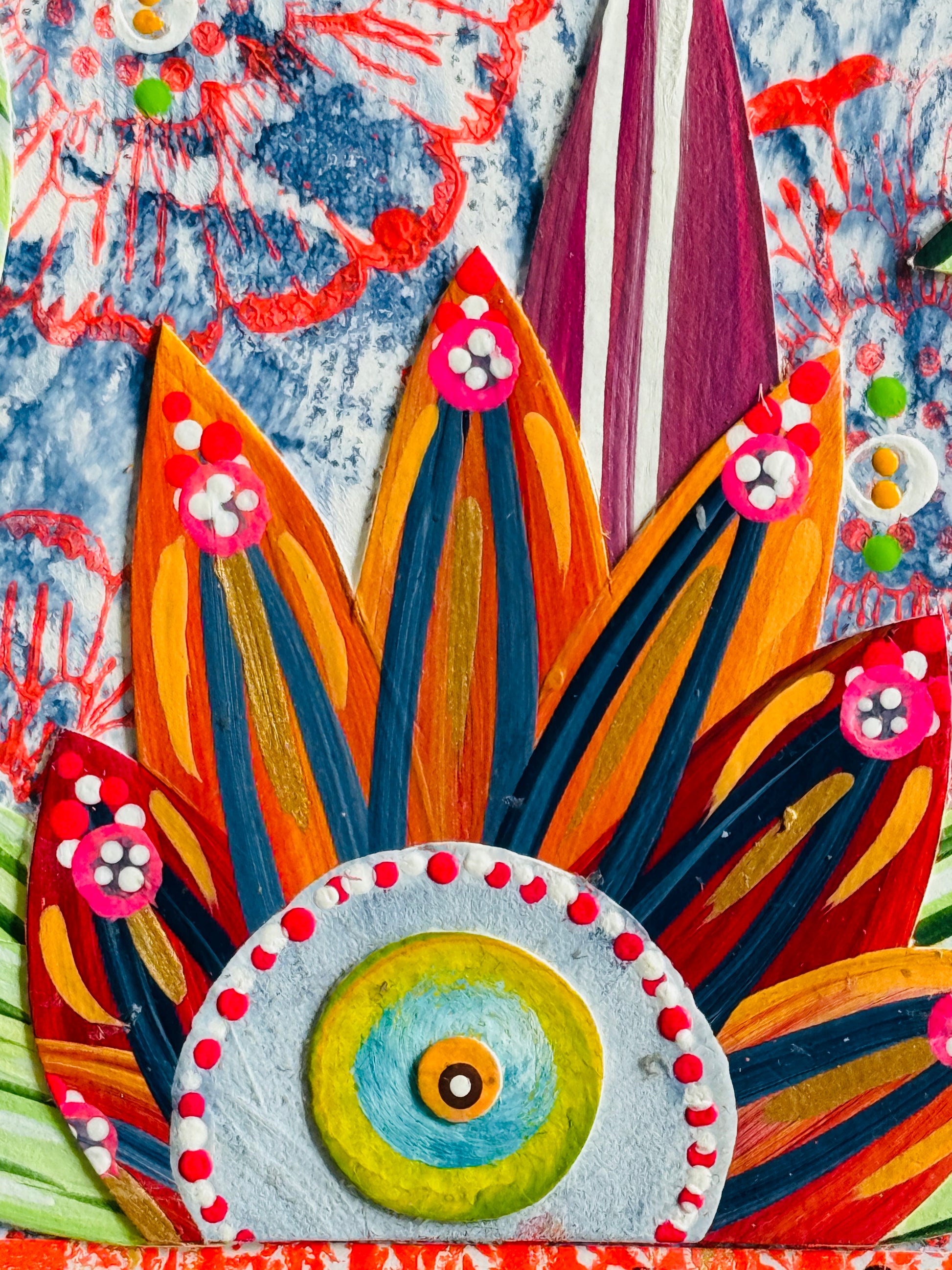 Funky floral collage, Colorful wall art, Joyful home decor, World culture inspired, Hand-painted collage, Vibrant flower art, Playful wall art, Global art prints