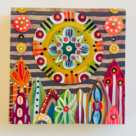 "Patterned Sun" 5 x 5-inch Wood Block Collage
