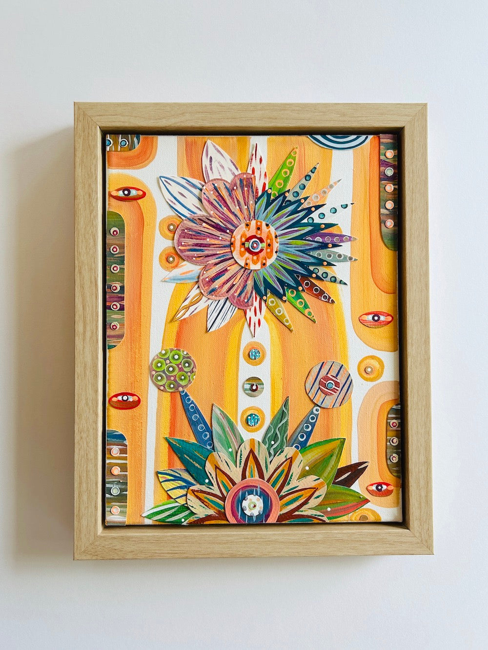 Brightly colored, hand-painted wall art or desk art. 9 X 12-in birch, floating frame. IMG_4117