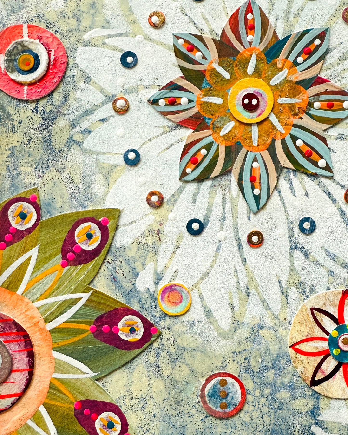 Funky floral collage, Colorful wall art, Joyful home decor, World culture inspired, Hand-painted collage, Vibrant flower art, Playful wall art, Global art prints