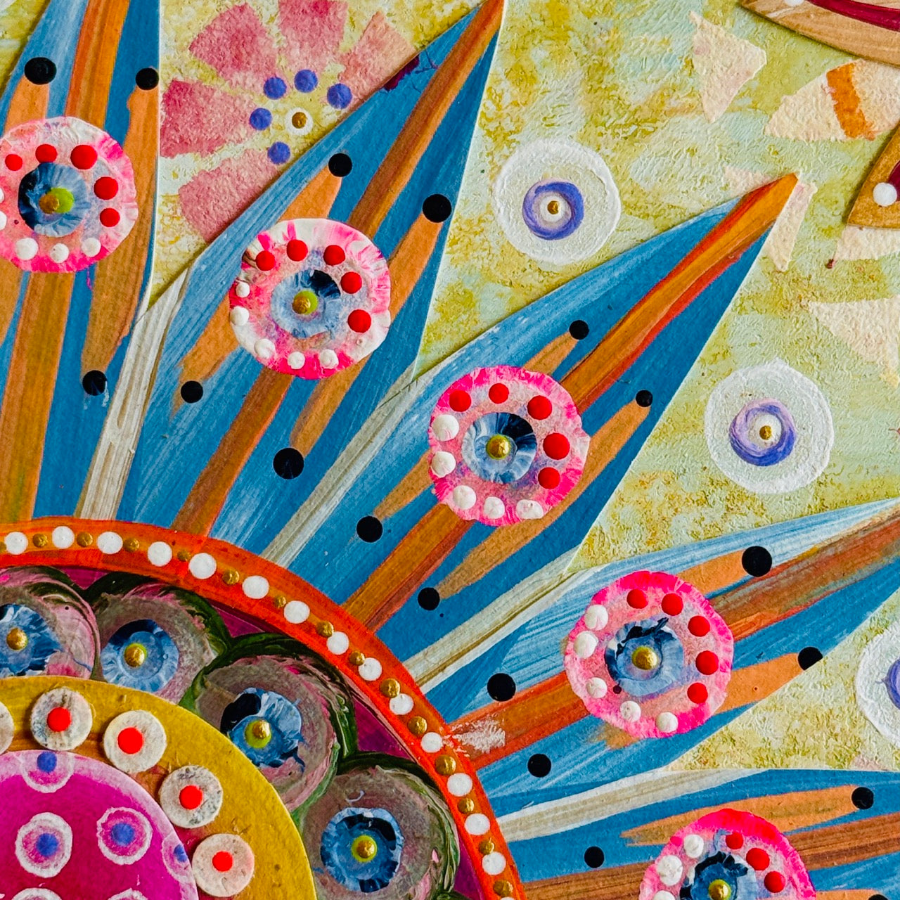 Small square wood panel art with a bold patterned floral design and hand-painted collage elements.