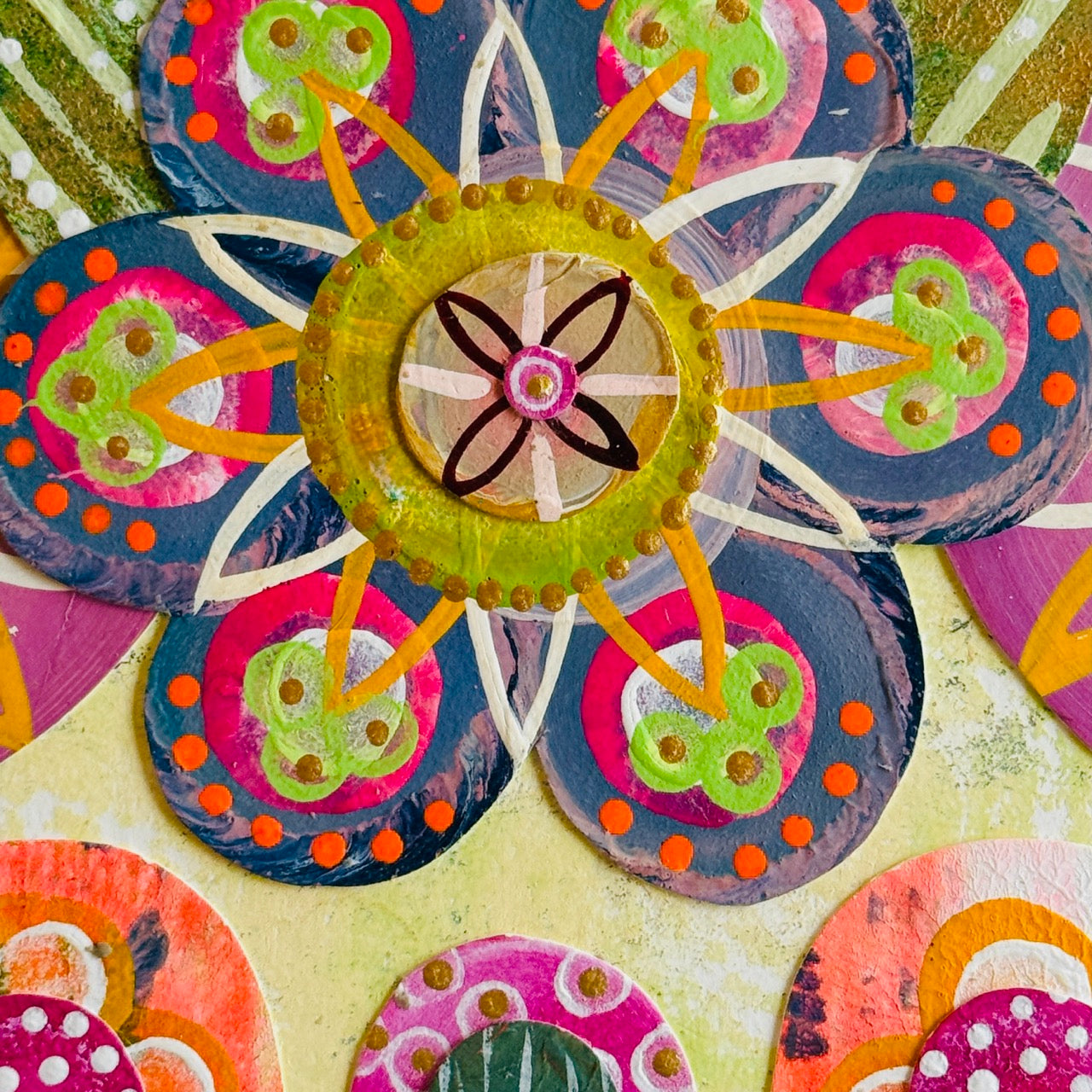 Small square wood panel art with a bold patterned floral design and hand-painted collage elements.