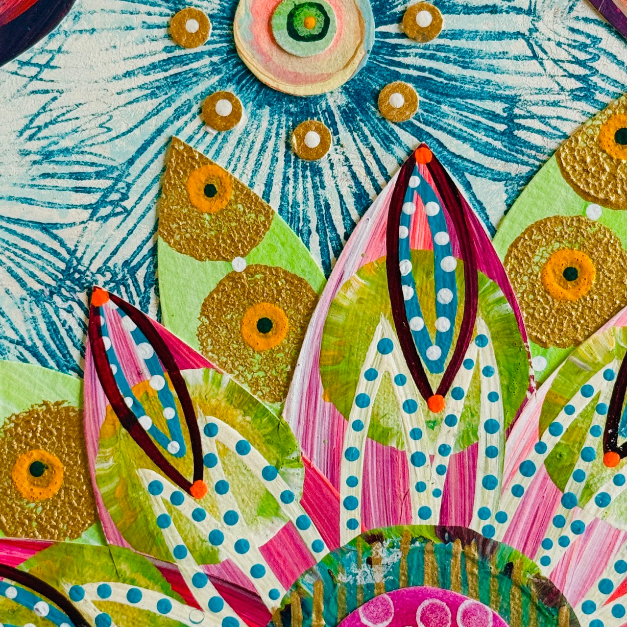 Small square wood panel art with a bold patterned floral design and hand-painted collage elements.