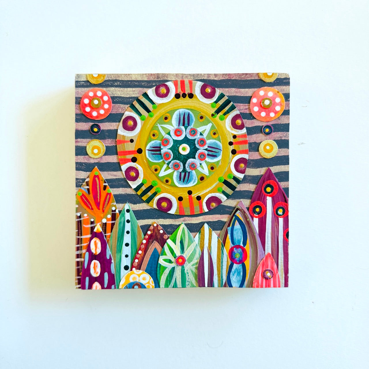 "Patterned Sun" 5 x 5-inch Wood Block Collage