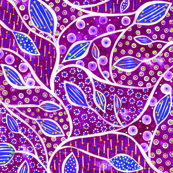 Hand-painted digital patterned paper from the Global Paper Pack Indonesia, showing six vibrant colorways with leafy patterns and dotted mark making, designed for collage, mixed media art, and paper crafting.