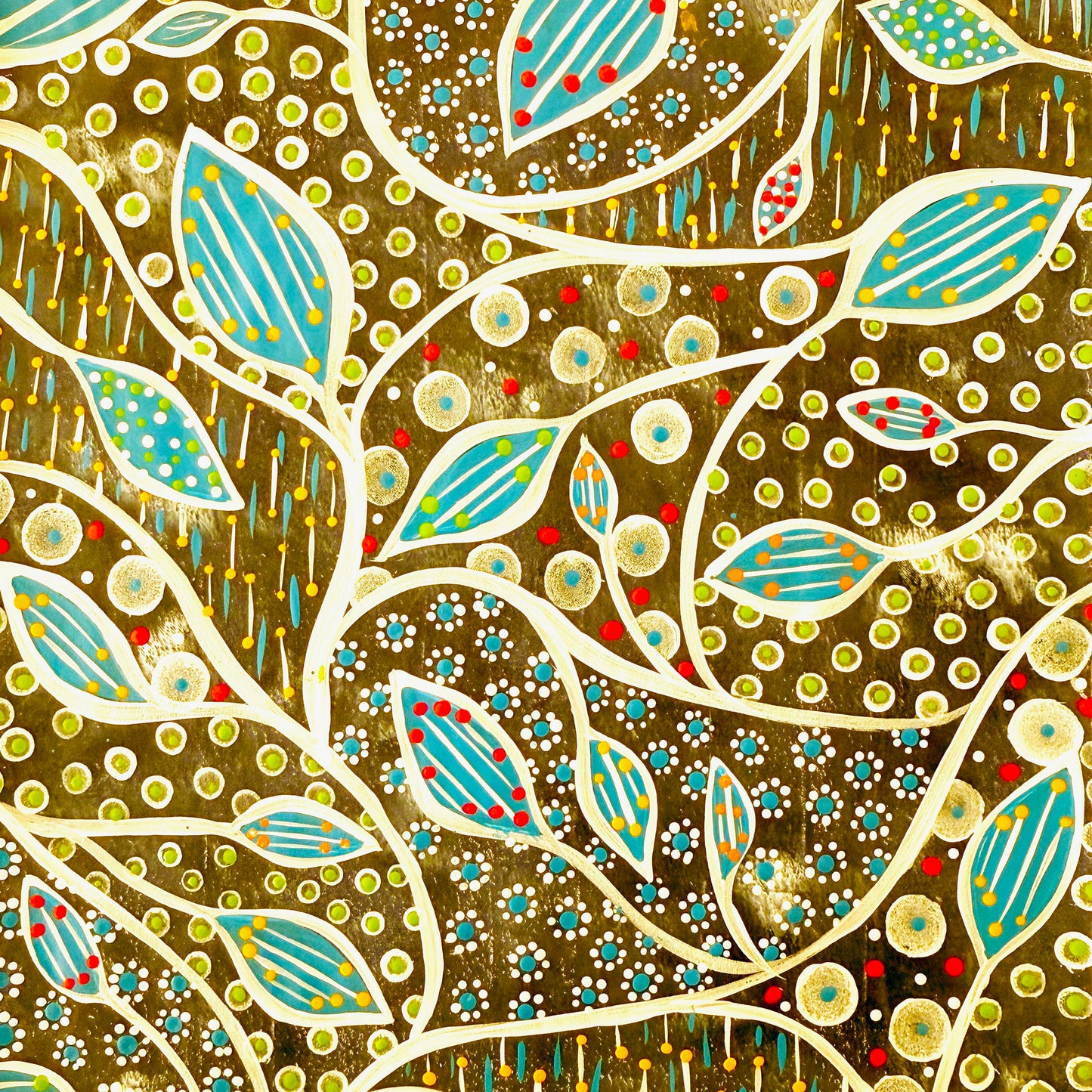 Hand-painted digital patterned paper from the Global Paper Pack Indonesia, showing six vibrant colorways with leafy patterns and dotted mark making, designed for collage, mixed media art, and paper crafting.