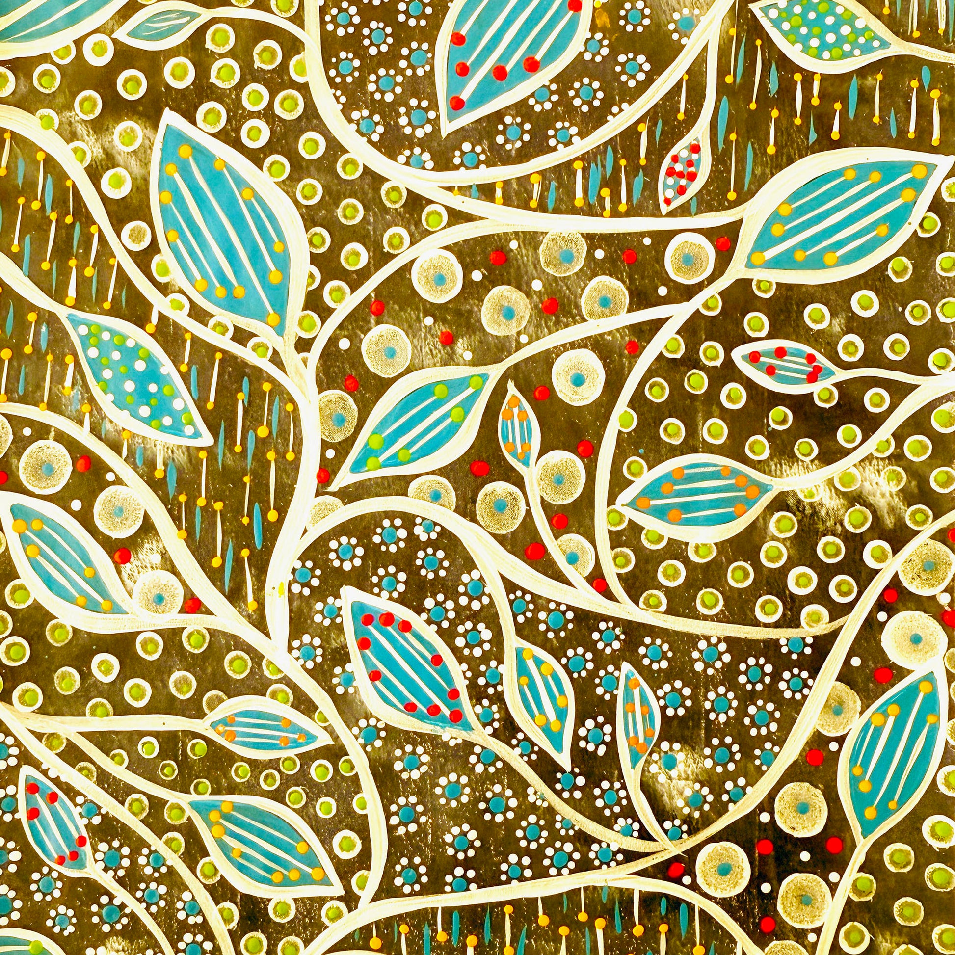 Hand-painted digital patterned paper from the Global Paper Pack Indonesia, showing six vibrant colorways with leafy patterns and dotted mark making, designed for collage, mixed media art, and paper crafting.