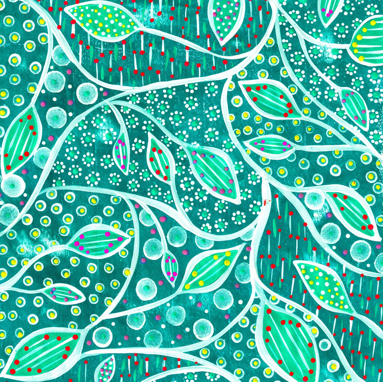 Hand-painted digital patterned paper from the Global Paper Pack Indonesia, showing six vibrant colorways with leafy patterns and dotted mark making, designed for collage, mixed media art, and paper crafting.