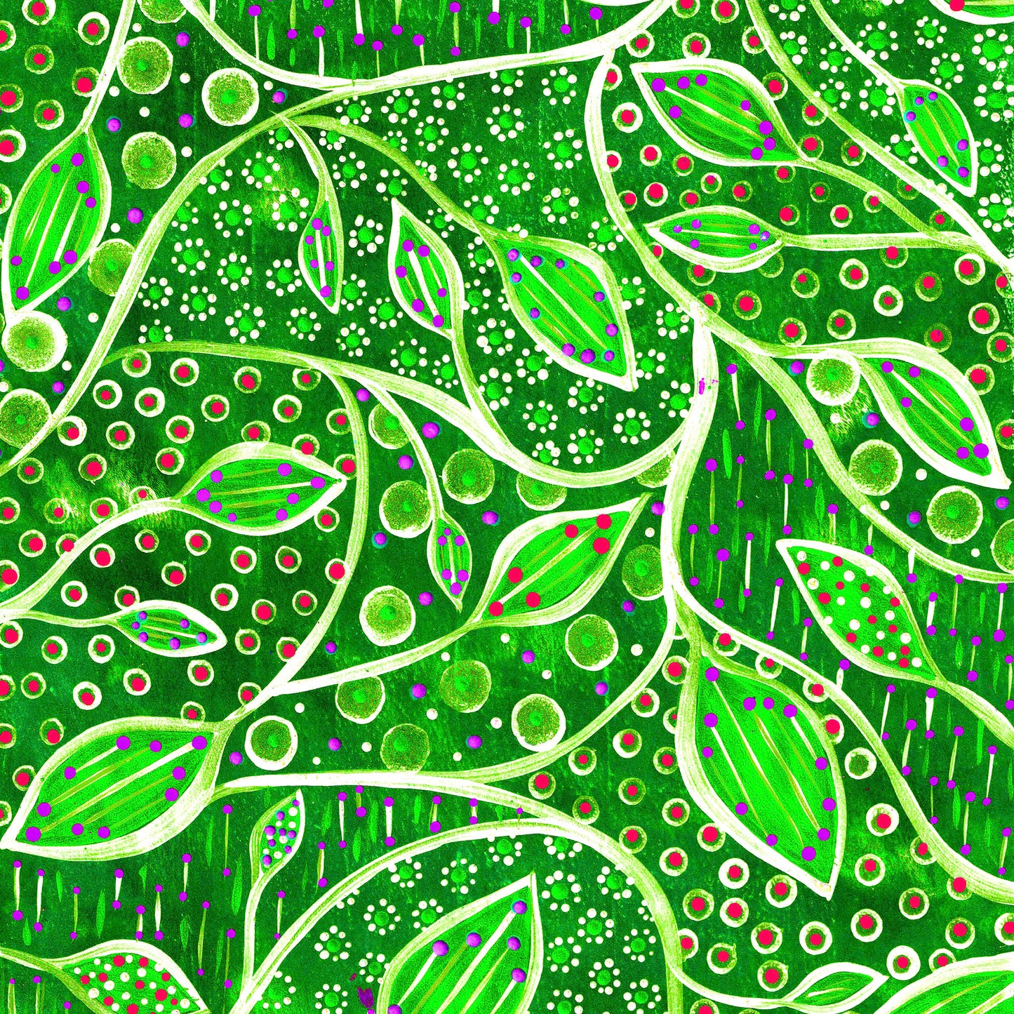 Hand-painted digital patterned paper from the Global Paper Pack Indonesia, showing six vibrant colorways with leafy patterns and dotted mark making, designed for collage, mixed media art, and paper crafting.