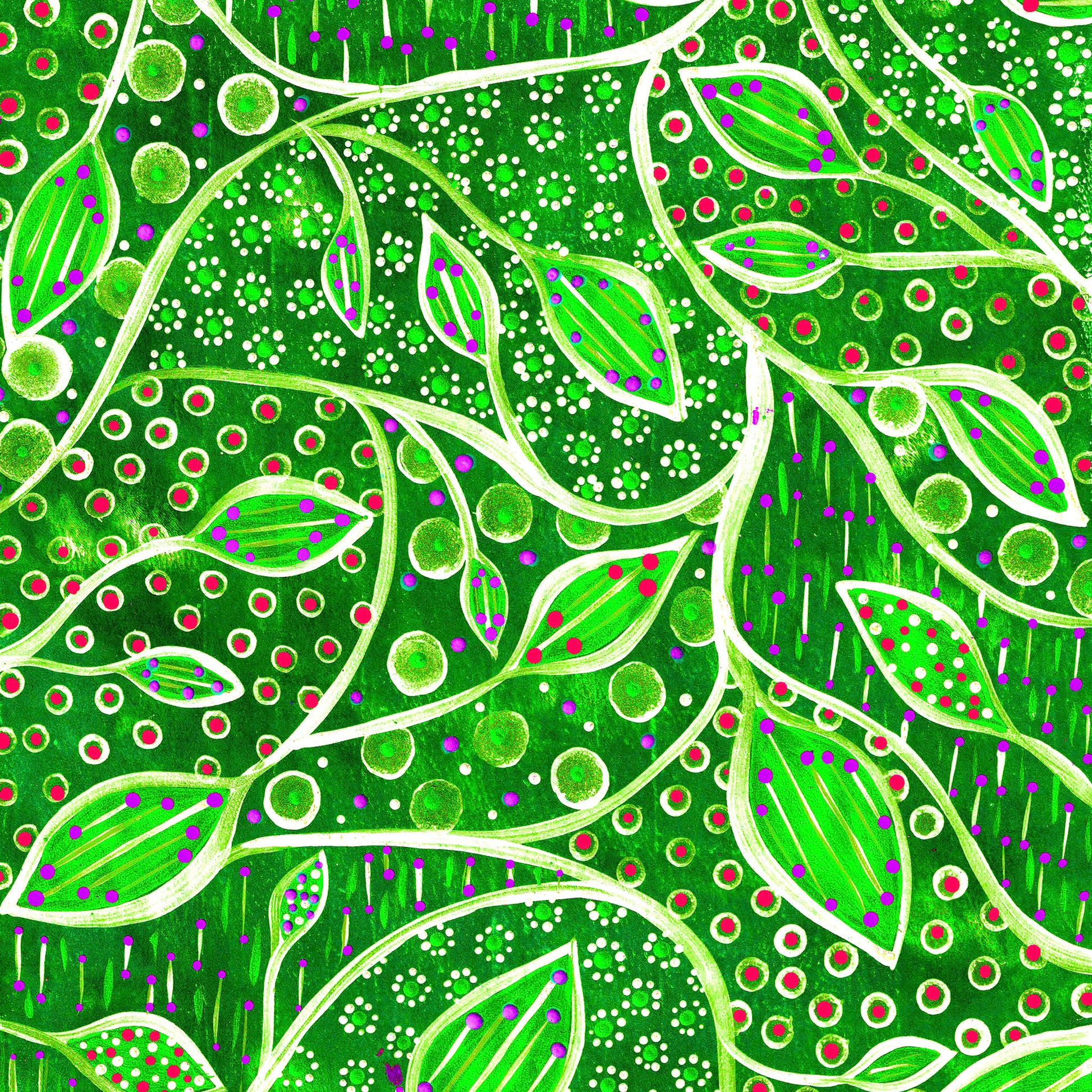 Hand-painted digital patterned paper from the Global Paper Pack Indonesia, showing six vibrant colorways with leafy patterns and dotted mark making, designed for collage, mixed media art, and paper crafting.