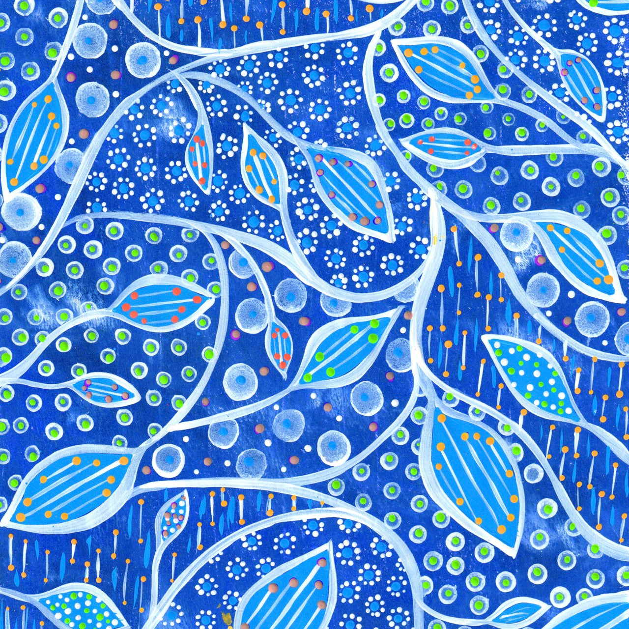 Hand-painted digital patterned paper from the Global Paper Pack Indonesia, showing six vibrant colorways with leafy patterns and dotted mark making, designed for collage, mixed media art, and paper crafting.