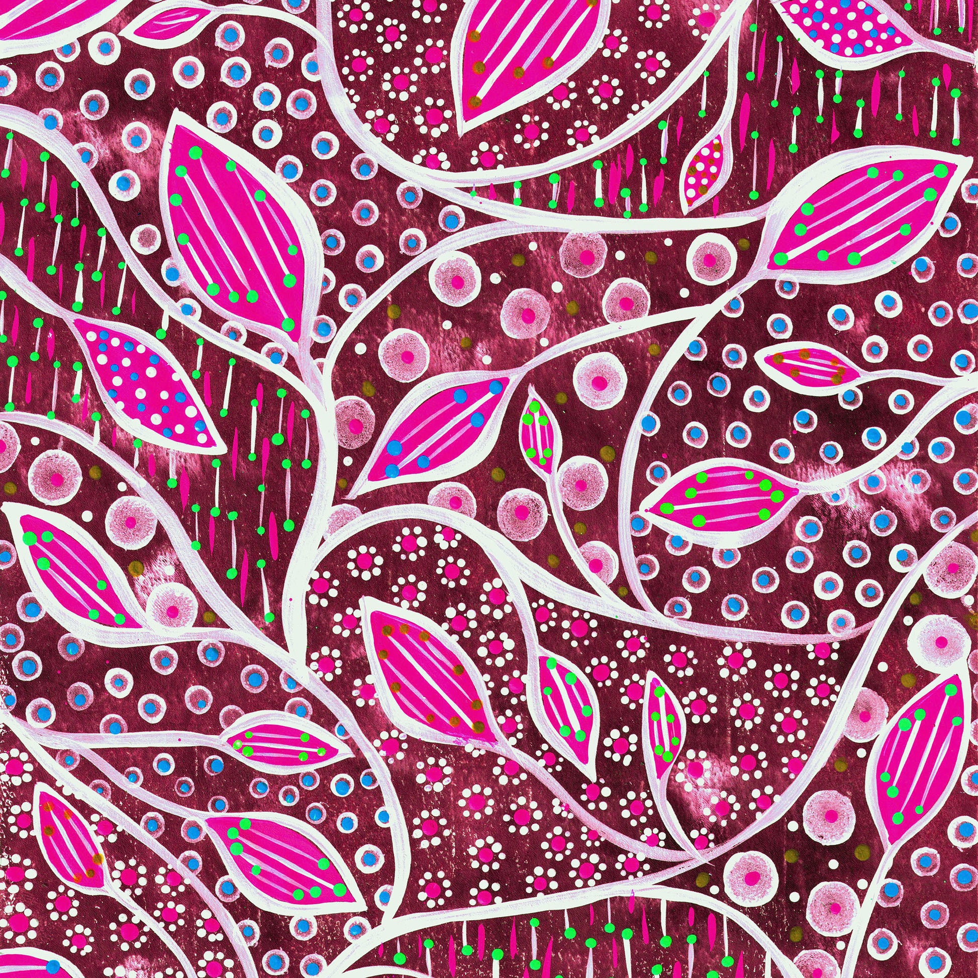 Hand-painted digital patterned paper from the Global Paper Pack Indonesia, showing six vibrant colorways with leafy patterns and dotted mark making, designed for collage, mixed media art, and paper crafting.