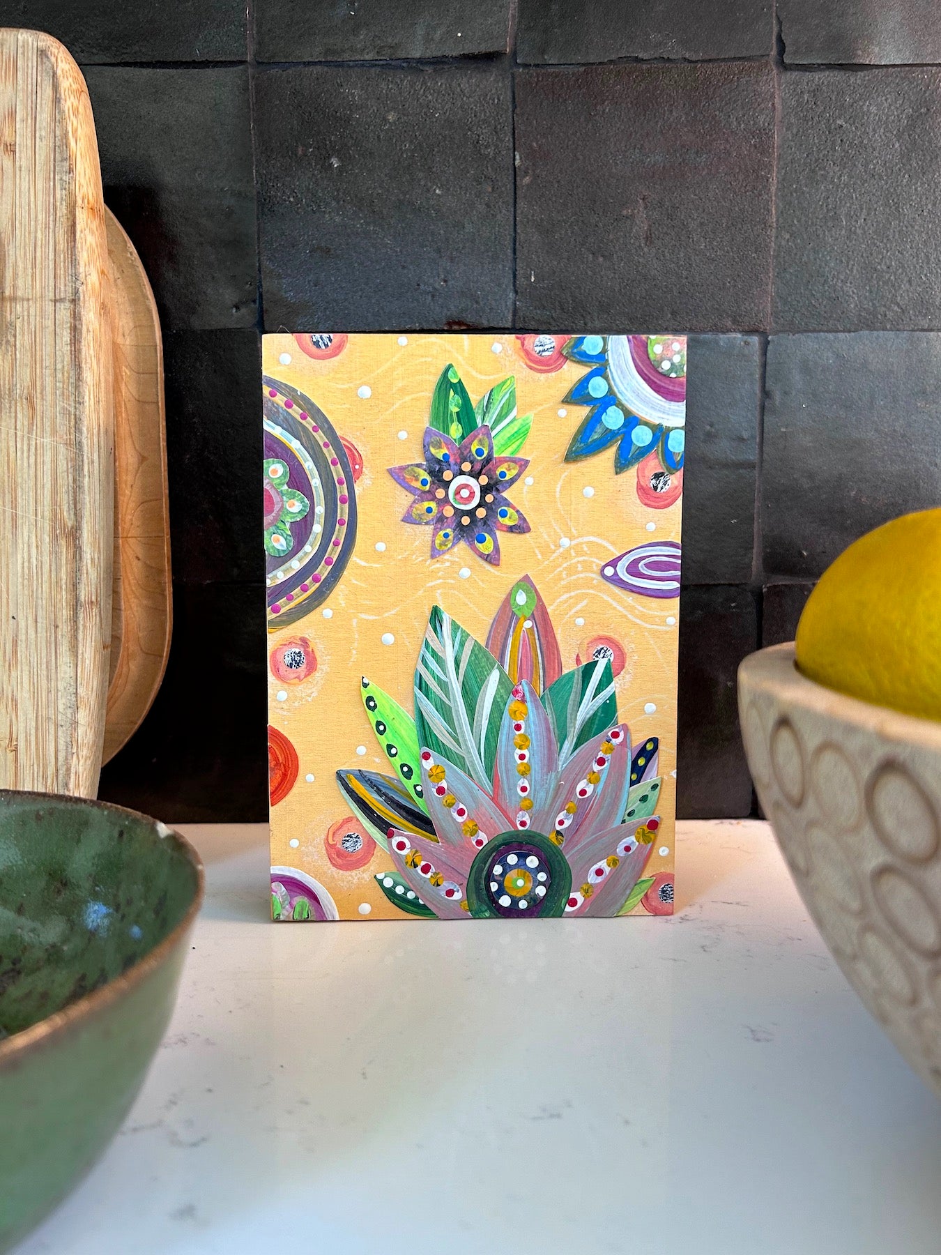 A yellow, floral 5 x 7-inch woodblock collage piece for wall art or desk art. shop11_d11c4278-fd34-4c25-9590-df6dd801660c