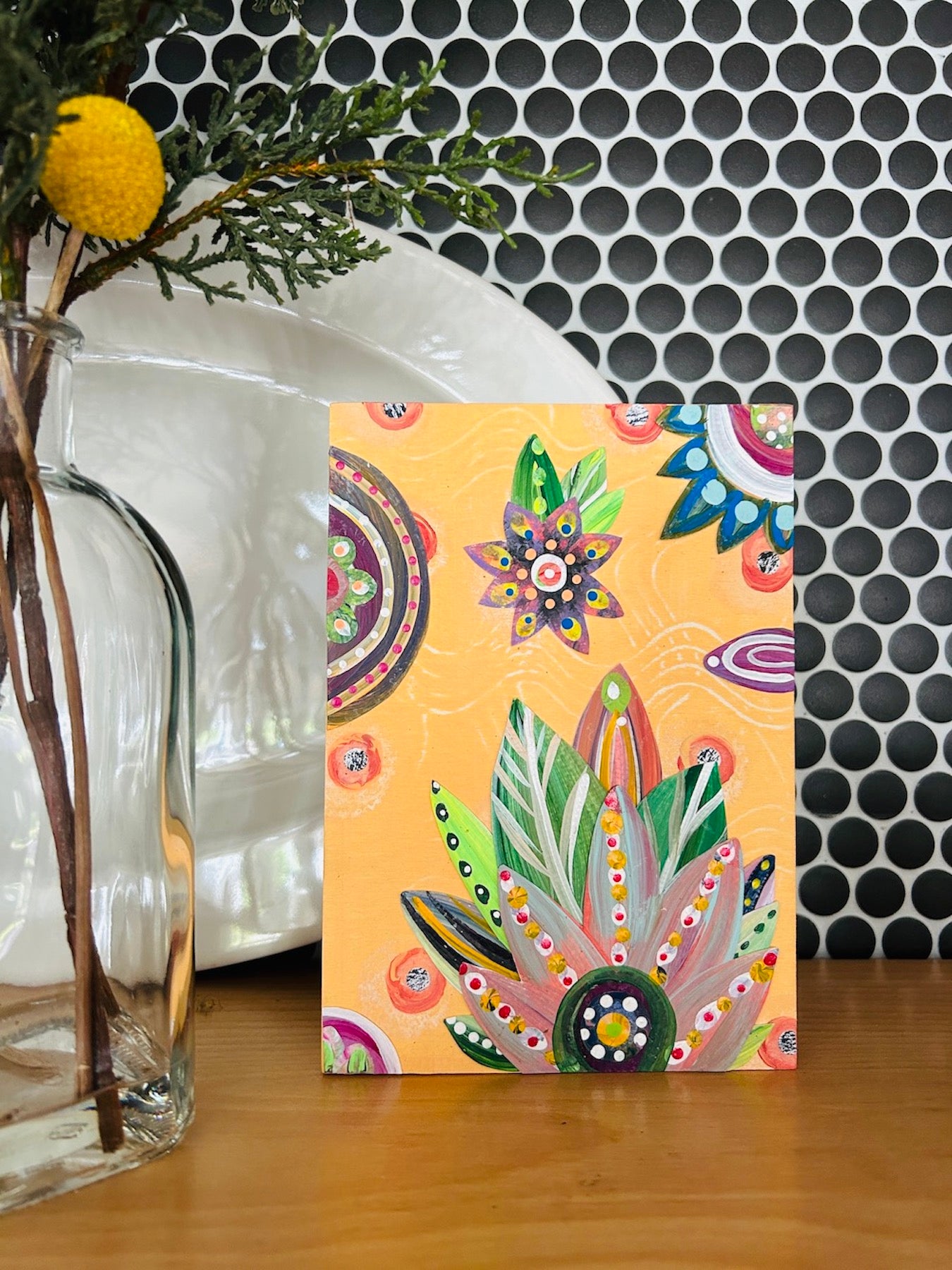 A yellow, floral 5 x 7-inch woodblock collage piece for wall art or desk art. shop12